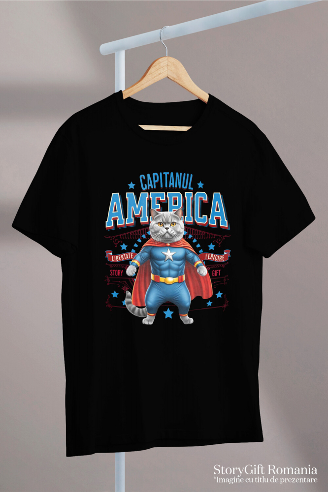 Tricou Femei, Barbati, Copii, Fata, Baiat, Unisex Personalizat Pisica Siameză în Costum de Captain America cu Pelerină - Cadou Personalizat pentru Copii și Iubitorii de Pisici [3]