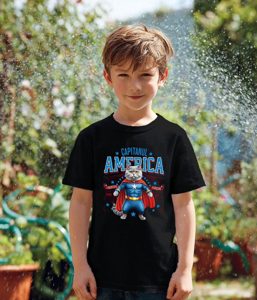 Tricou Femei, Barbati, Copii, Fata, Baiat, Unisex Personalizat Pisica Siameză în Costum de Captain America cu Pelerină - Cadou Personalizat pentru Copii și Iubitorii de Pisici [4]