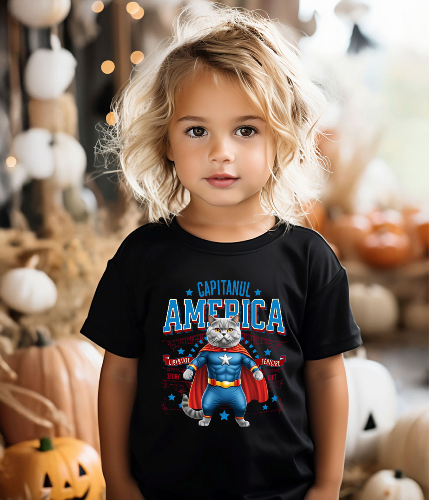 Tricou Femei, Barbati, Copii, Fata, Baiat, Unisex Personalizat Pisica Siameză în Costum de Captain America cu Pelerină - Cadou Personalizat pentru Copii și Iubitorii de Pisici [3]