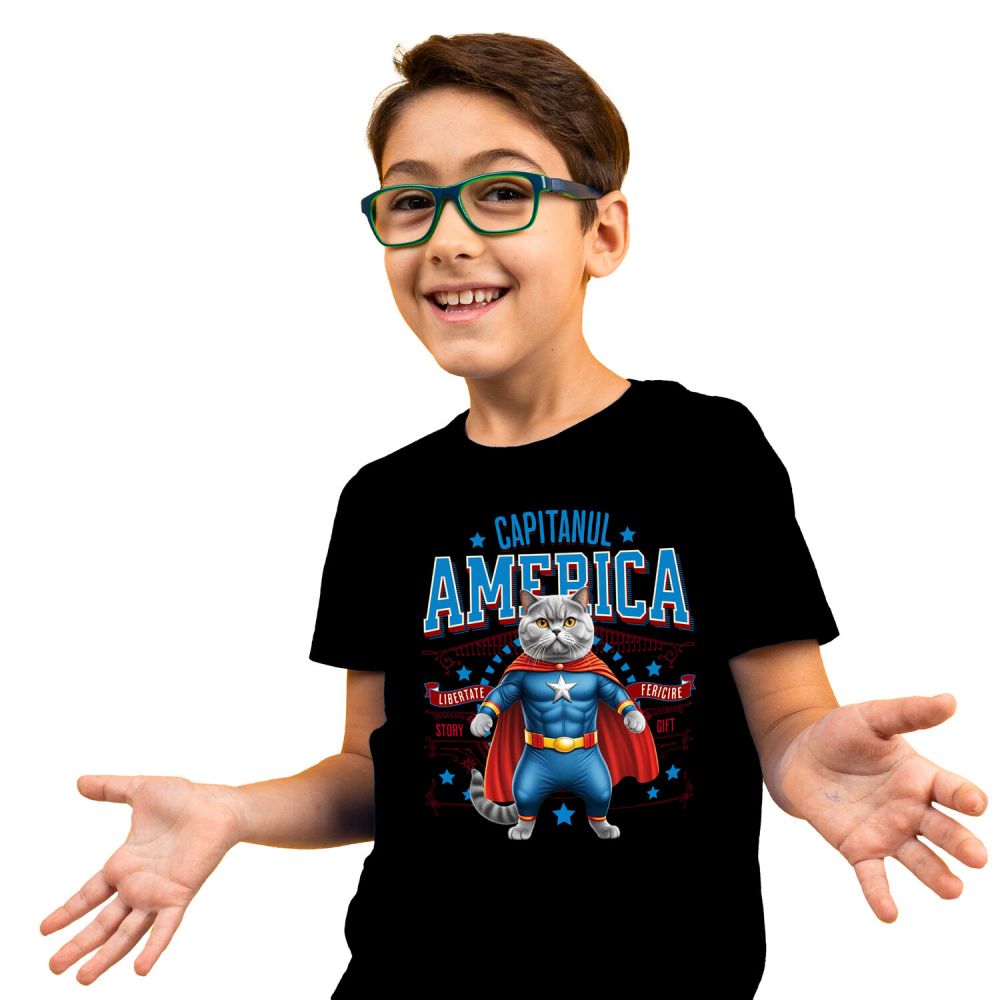 Tricou Femei, Barbati, Copii, Fata, Baiat, Unisex Personalizat Pisica Siameză în Costum de Captain America cu Pelerină - Cadou Personalizat pentru Copii și Iubitorii de Pisici [1]