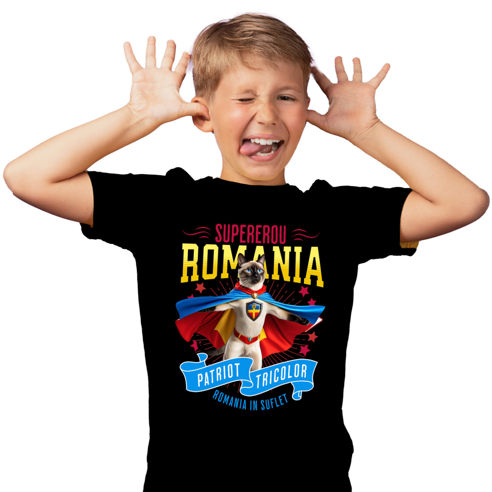 Tricou Femei, Barbati, Copii, Fata, Baiat, Unisex Personalizat Pisică Siameză Supererou – Costum Căpitan România, Cadou Personalizat [2]