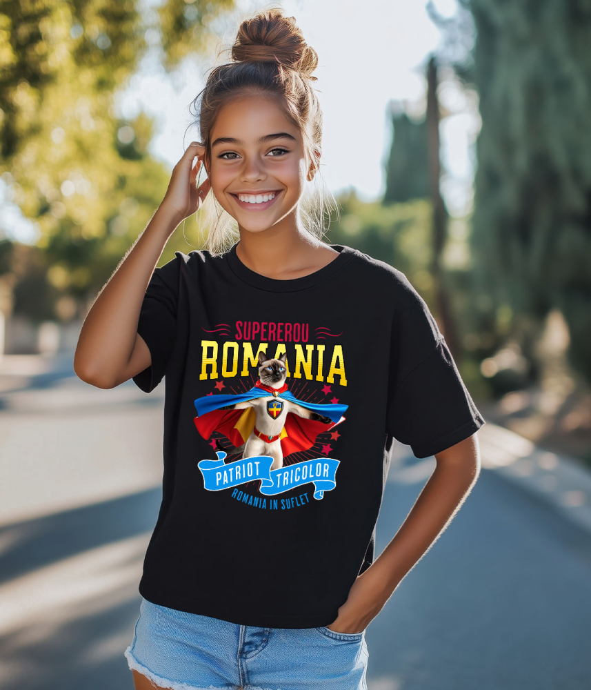 Tricou Femei, Barbati, Copii, Fata, Baiat, Unisex Personalizat Pisică Siameză Supererou – Costum Căpitan România, Cadou Personalizat [4]