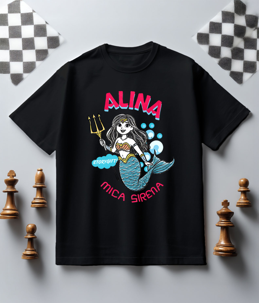 Tricou Femei, Barbati, Copii, Fata, Baiat, Unisex Personalizat Sirena de Mare Regina cu Trident – Cadou Personalizat pentru Copii și Familie [5]