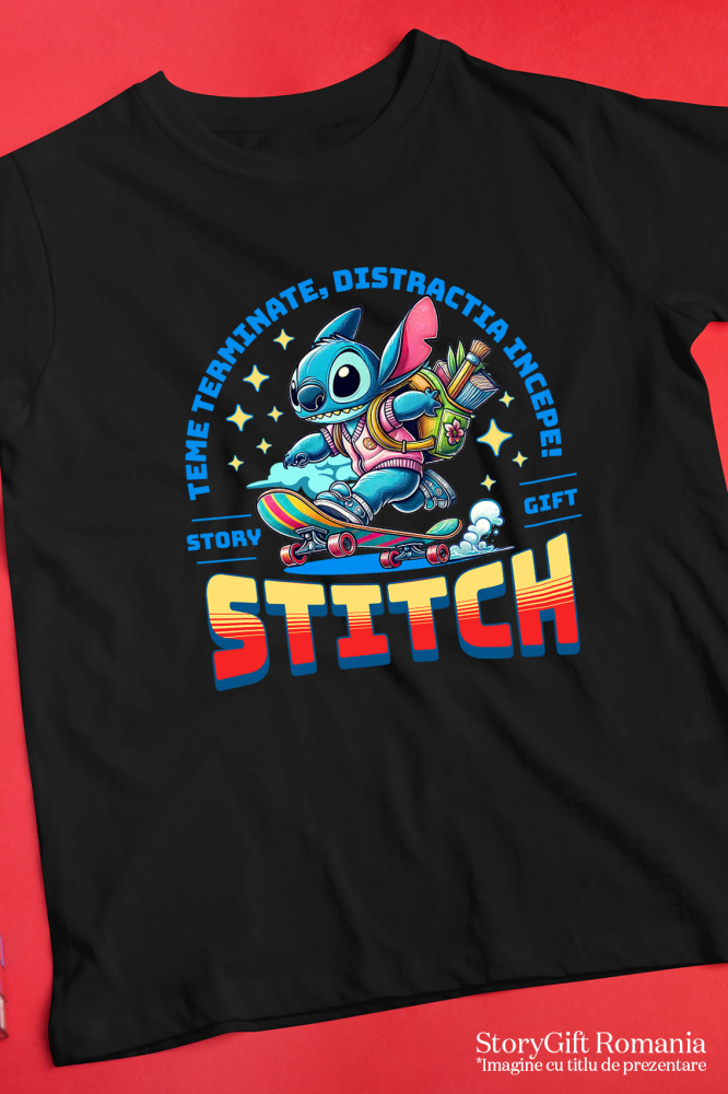 Tricou Copii cu Skateboard Stitch: Răsfață-te cu Distracție De Neoprit 100% Bumbac, Negru, 10 Ani [5]