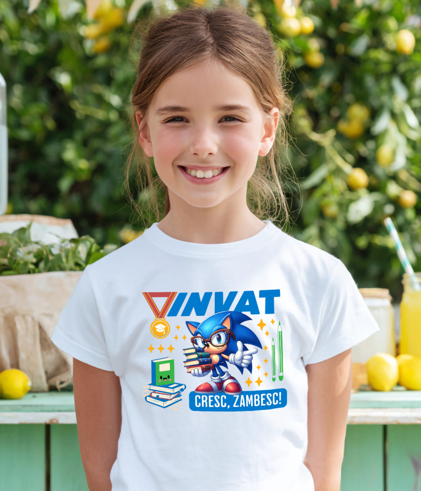 Tricou Copii cu Sonic – Invatam, Zambim, Crestem 100% Bumbac, Alb, 8 Ani [4]