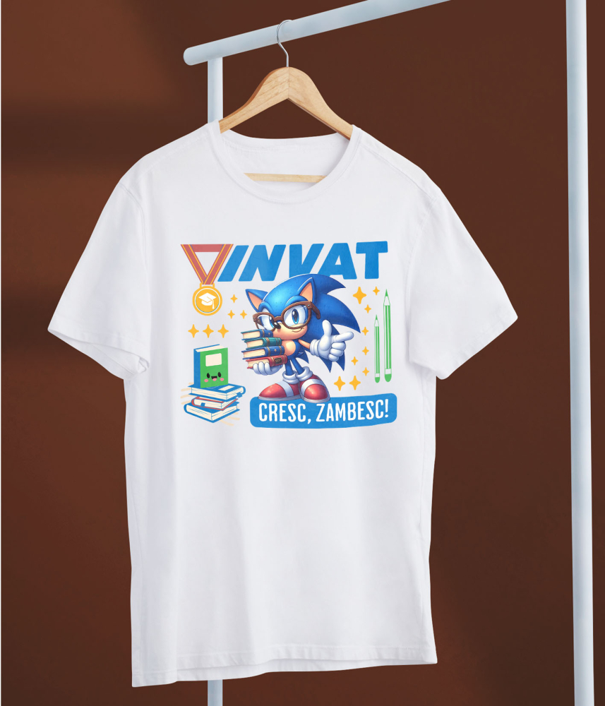 Tricou Copii cu Sonic – Invatam, Zambim, Crestem 100% Bumbac, Alb, 8 Ani [5]