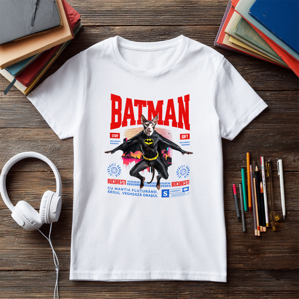 Tricou Femei, Barbati, Copii, Fata, Baiat, Unisex Personalizat Pisica Sphynx în Costum de Batman – Un Supererou Unic pentru Copii și Iubitorii de Animale [5]