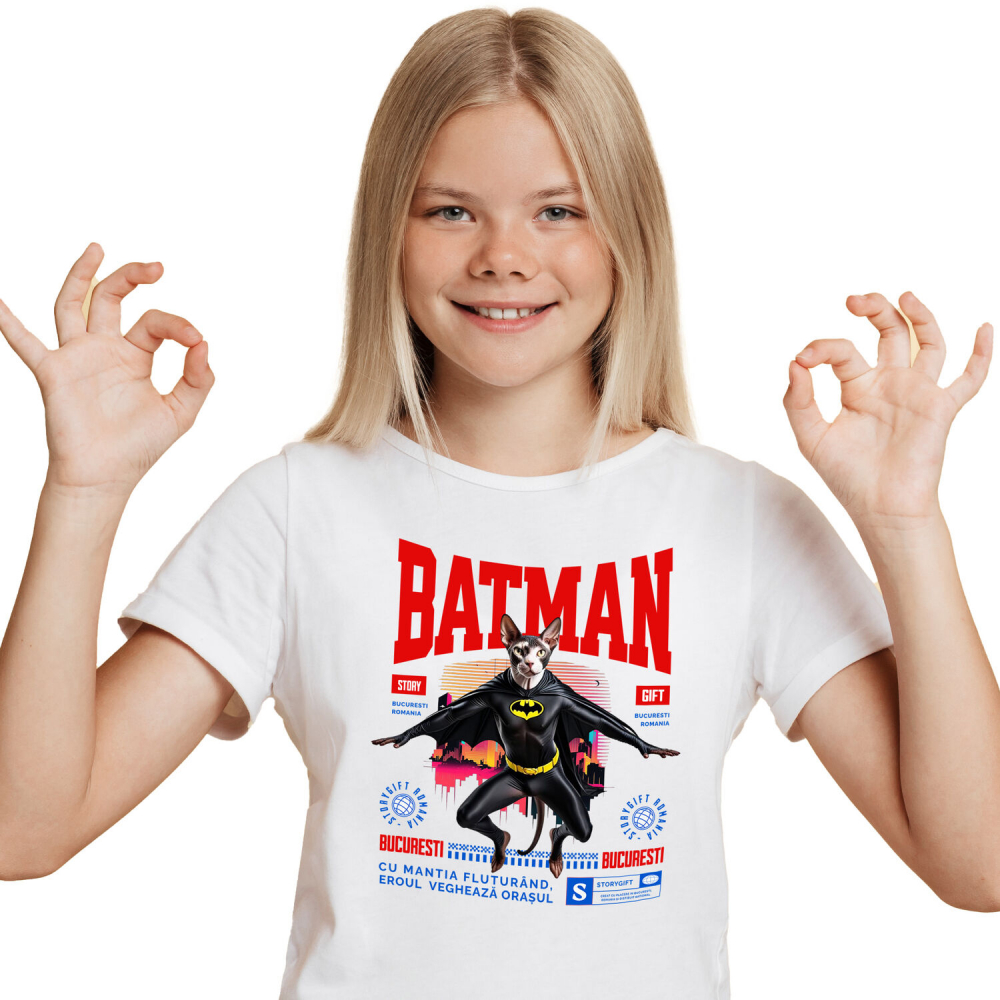 Tricou Femei, Barbati, Copii, Fata, Baiat, Unisex Personalizat Pisica Sphynx în Costum de Batman – Un Supererou Unic pentru Copii și Iubitorii de Animale [1]