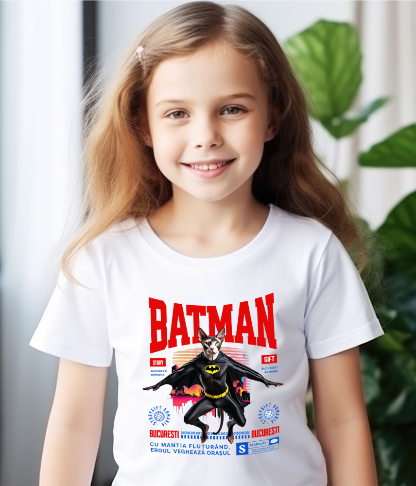 Tricou Femei, Barbati, Copii, Fata, Baiat, Unisex Personalizat Pisica Sphynx în Costum de Batman – Un Supererou Unic pentru Copii și Iubitorii de Animale [4]