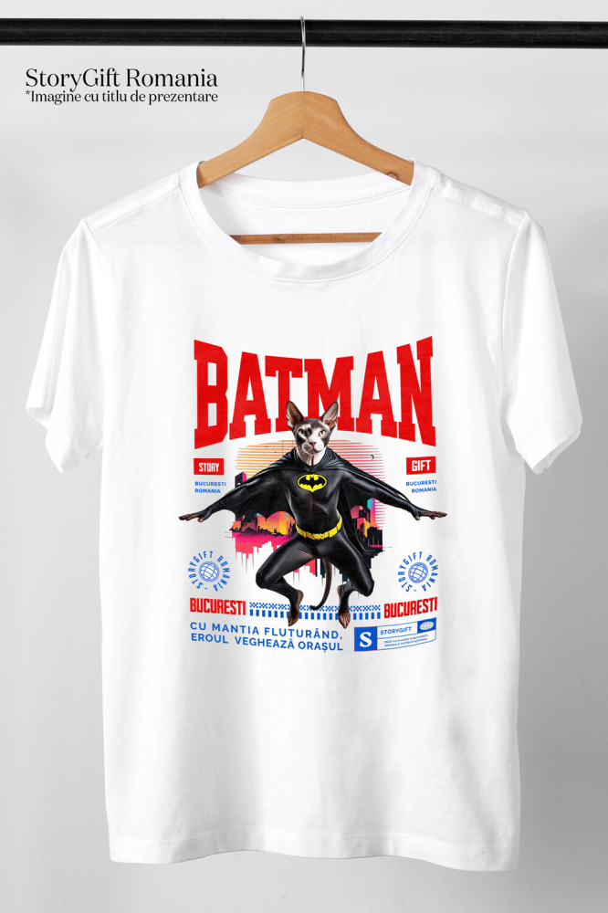 Tricou Femei, Barbati, Copii, Fata, Baiat, Unisex Personalizat Pisica Sphynx în Costum de Batman – Un Supererou Unic pentru Copii și Iubitorii de Animale [3]
