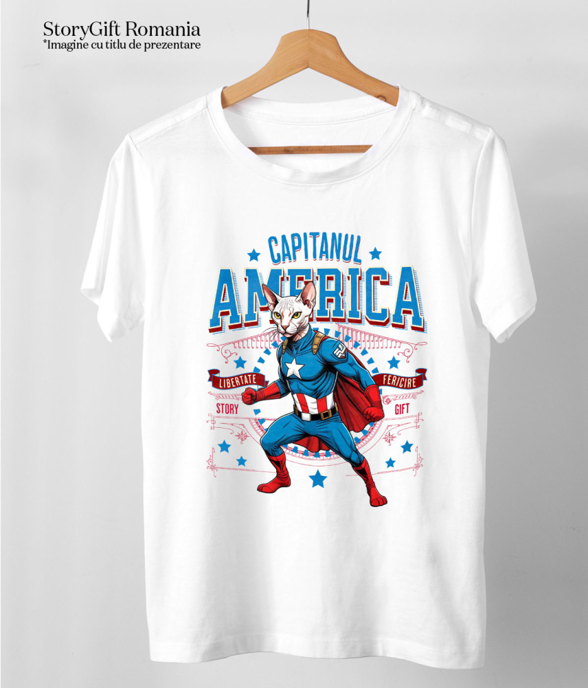 Tricou Femei, Barbati, Copii, Fata, Baiat, Unisex Personalizat Pisica Sphynx în Costum de Captain America cu Pelerină - Cadou Personalizat pentru Copii și Iubitorii de Pisici [5]