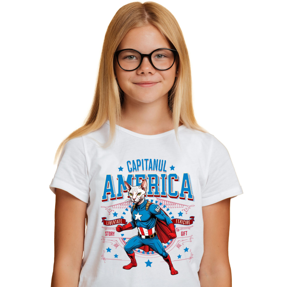 Tricou Femei, Barbati, Copii, Fata, Baiat, Unisex Personalizat Pisica Sphynx în Costum de Captain America cu Pelerină - Cadou Personalizat pentru Copii și Iubitorii de Pisici [2]