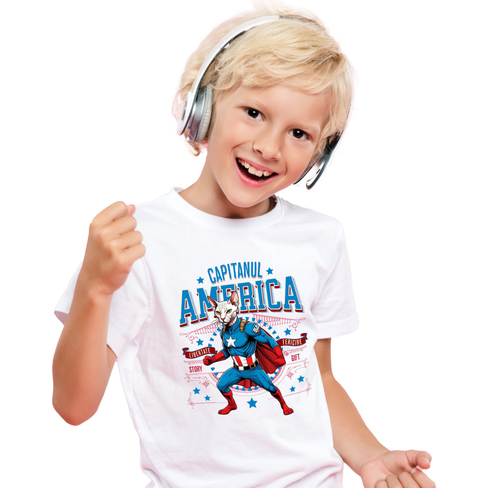 Tricou Femei, Barbati, Copii, Fata, Baiat, Unisex Personalizat Pisica Sphynx în Costum de Captain America cu Pelerină - Cadou Personalizat pentru Copii și Iubitorii de Pisici [1]