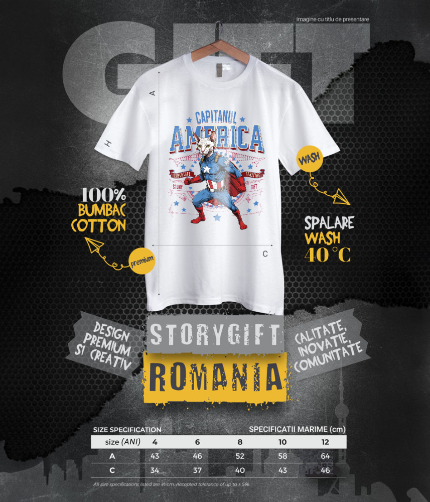 Tricou Femei, Barbati, Copii, Fata, Baiat, Unisex Personalizat Pisica Sphynx în Costum de Captain America cu Pelerină - Cadou Personalizat pentru Copii și Iubitorii de Pisici [6]