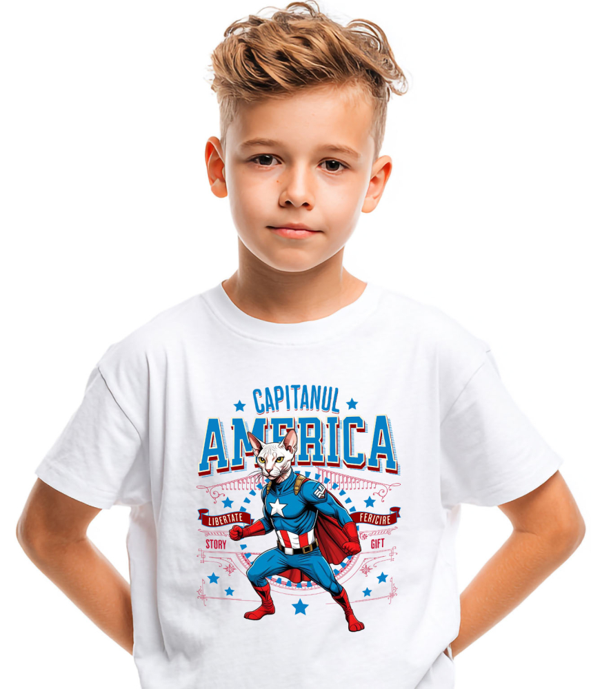 Tricou Femei, Barbati, Copii, Fata, Baiat, Unisex Personalizat Pisica Sphynx în Costum de Captain America cu Pelerină - Cadou Personalizat pentru Copii și Iubitorii de Pisici [4]