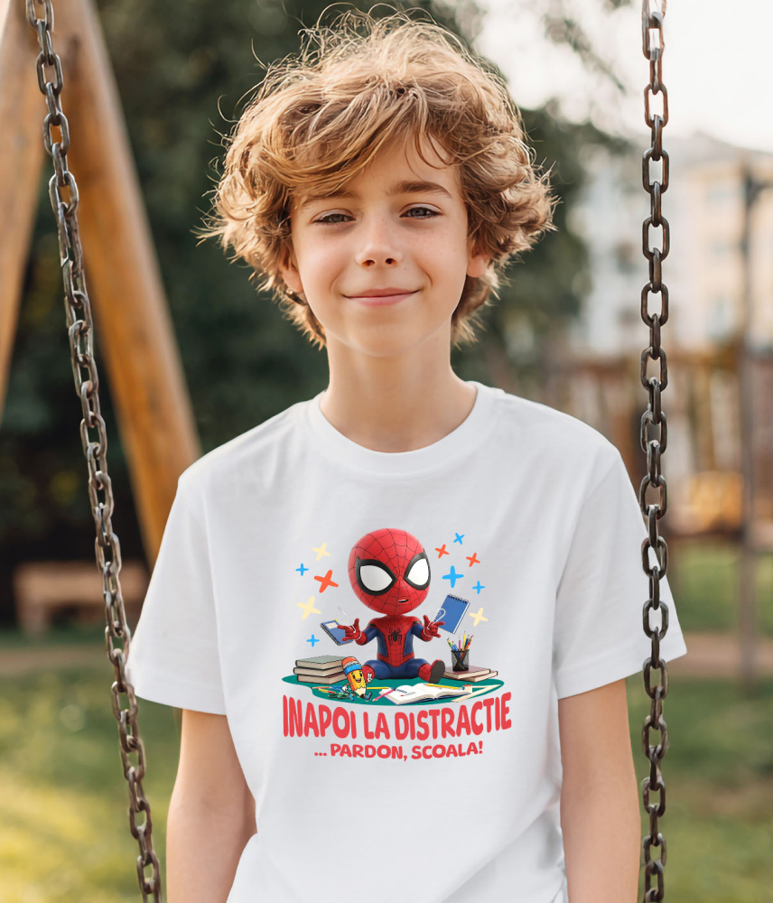 Tricou Copii cu Spiderman – Inceput De Scoala Vesel 100% Bumbac, Alb, 12 Ani [3]