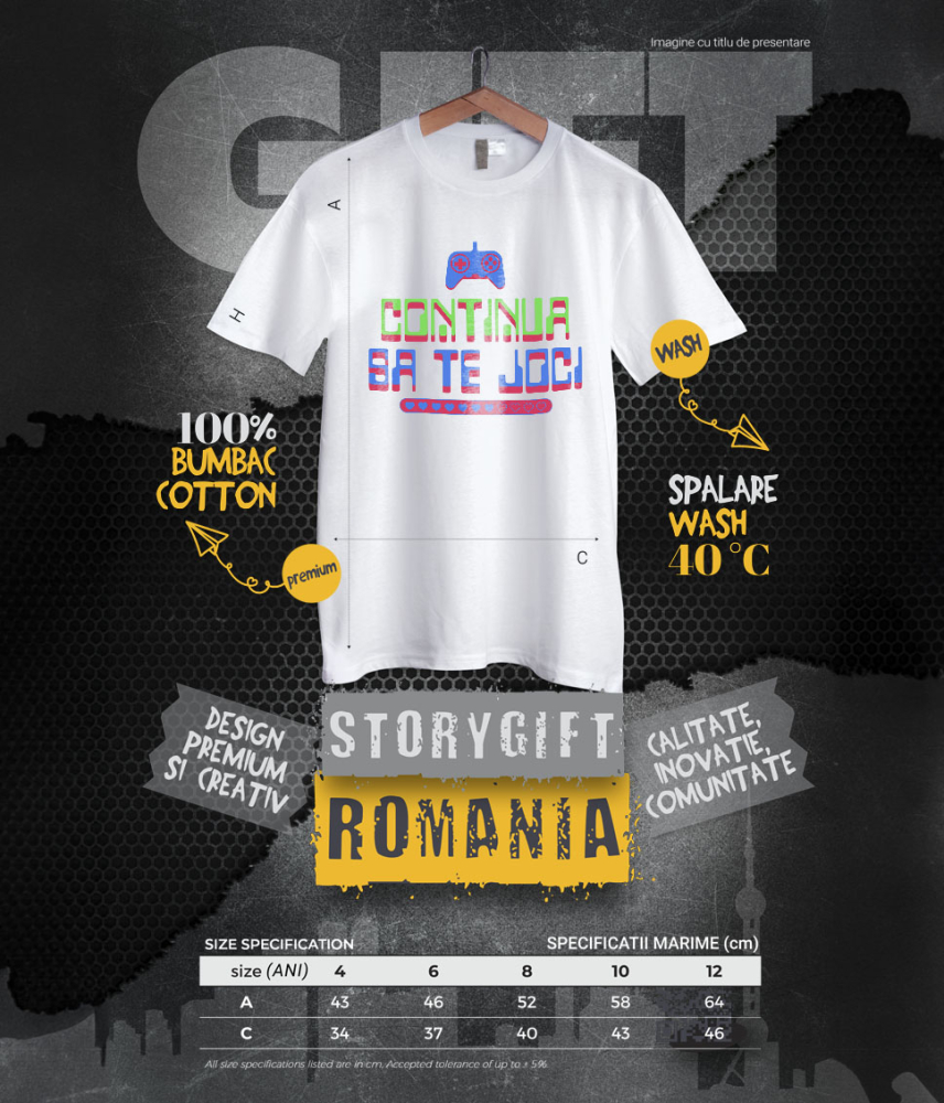 Tricou Femei, Barbati, Copii, Fata, Baiat, Unisex Personalizat Manetă PS cu Text „Continuă să te Joci” - Cadou Personalizat pentru Gamers și Iubitori ai Lumei Digitale [6]