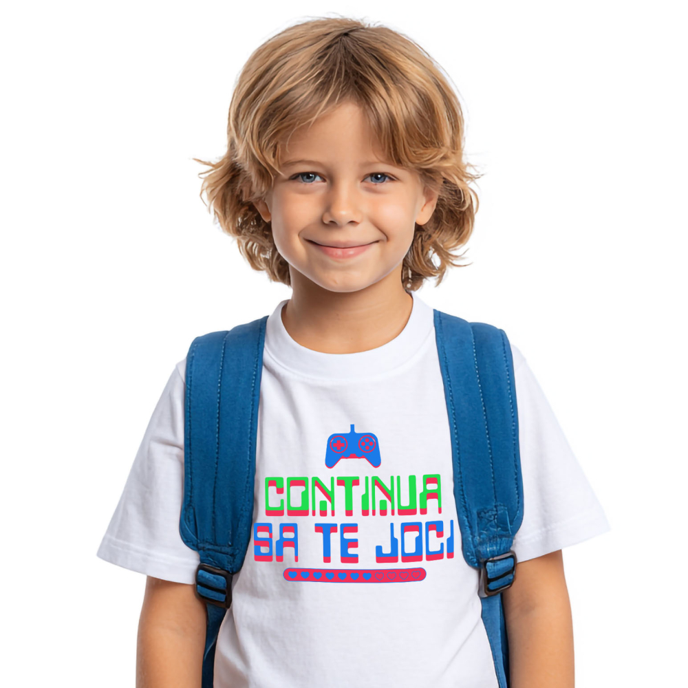 Tricou Femei, Barbati, Copii, Fata, Baiat, Unisex Personalizat Manetă PS cu Text „Continuă să te Joci” - Cadou Personalizat pentru Gamers și Iubitori ai Lumei Digitale [2]