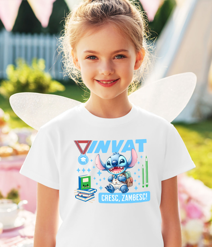 Tricou Copii cu Stitch – Invata, Creste, Zambeste 100% Bumbac, Alb, 6 Ani [3]