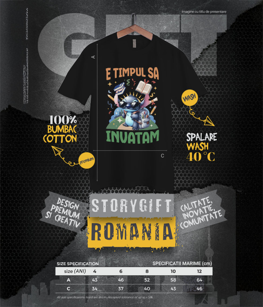 Tricou Copii cu Stitch: Învățătura Plină De Aventură și Zâmbete 100% Bumbac, Negru, 10 Ani [6]