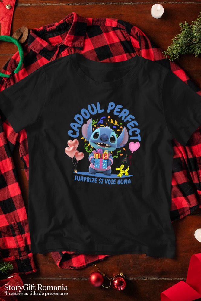 Tricou Copii cu Stitch Sarbatoreste cu Inima si Zambet 100% Bumbac, Negru, 4 Ani [5]