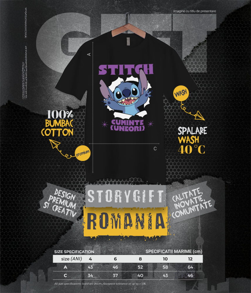 Tricou Copii cu Stitch si Momentele Grele 100% Bumbac, Negru, 12 Ani [6]