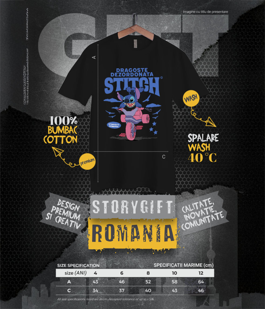 Tricou Copii cu Stitch si Plimbarea Vesela 100% Bumbac, Negru, 10 Ani [6]