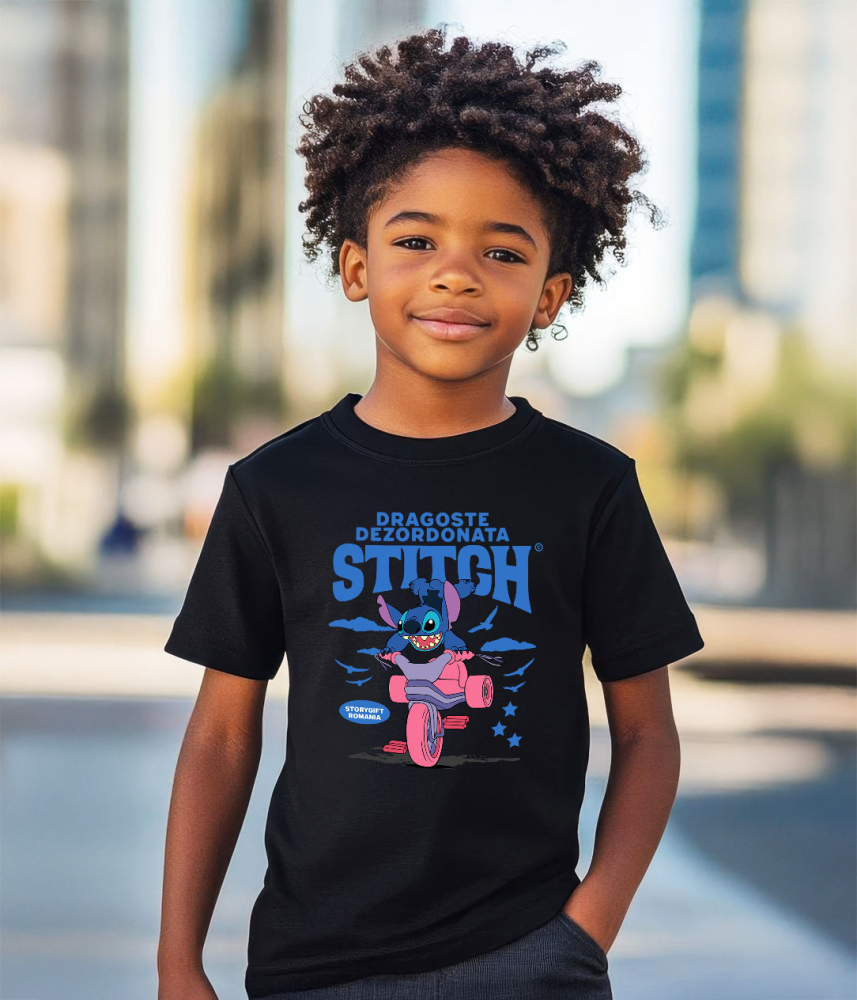 Tricou Copii cu Stitch si Plimbarea Vesela 100% Bumbac, Negru, 10 Ani [3]