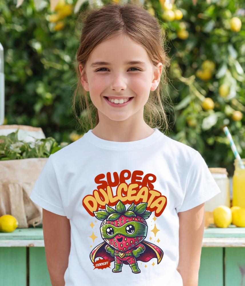 Tricou Femei, Barbati, Copii, Fata, Baiat, Unisex Personalizat Super Erou Căpșună cu Capa Roșie – Cadou Personalizat „Super Dulceață” pentru Copii [4]