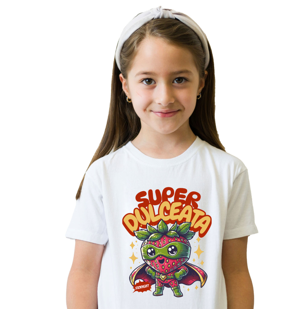 Tricou Femei, Barbati, Copii, Fata, Baiat, Unisex Personalizat Super Erou Căpșună cu Capa Roșie – Cadou Personalizat „Super Dulceață” pentru Copii [2]