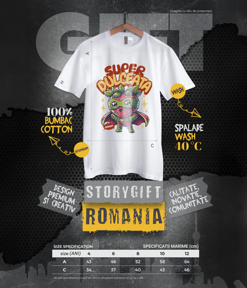 Tricou Femei, Barbati, Copii, Fata, Baiat, Unisex Personalizat Super Erou Căpșună cu Capa Roșie – Cadou Personalizat „Super Dulceață” pentru Copii [6]