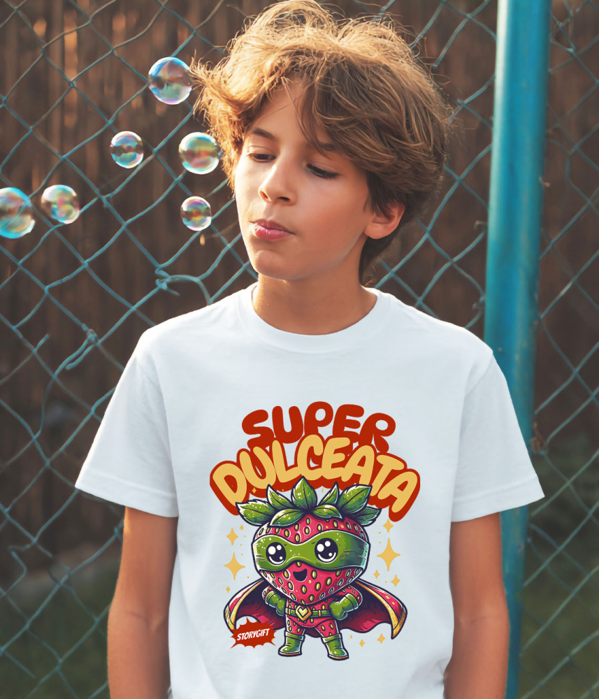 Tricou Femei, Barbati, Copii, Fata, Baiat, Unisex Personalizat Super Erou Căpșună cu Capa Roșie – Cadou Personalizat „Super Dulceață” pentru Copii [3]