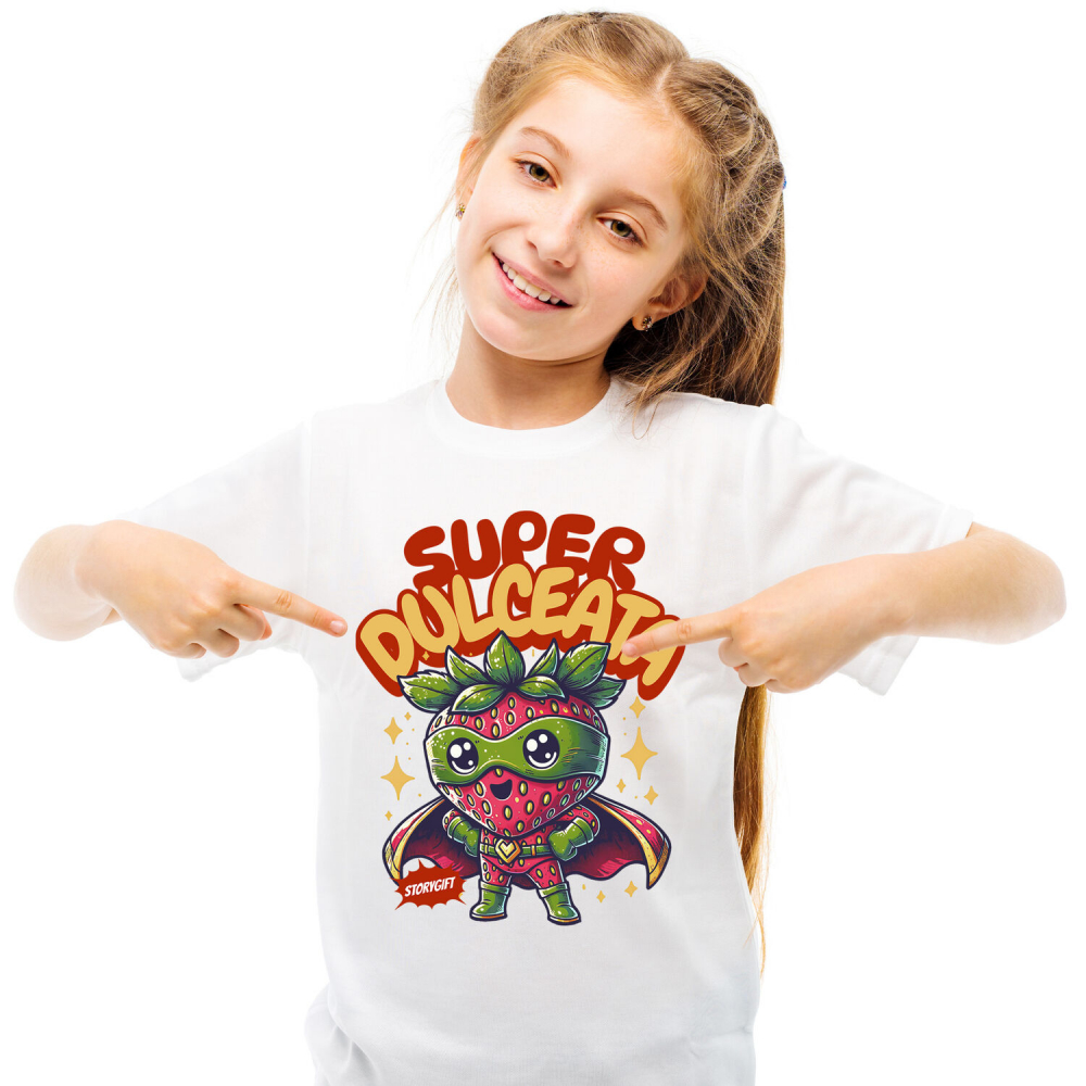 Tricou Femei, Barbati, Copii, Fata, Baiat, Unisex Personalizat Super Erou Căpșună cu Capa Roșie – Cadou Personalizat „Super Dulceață” pentru Copii [2]