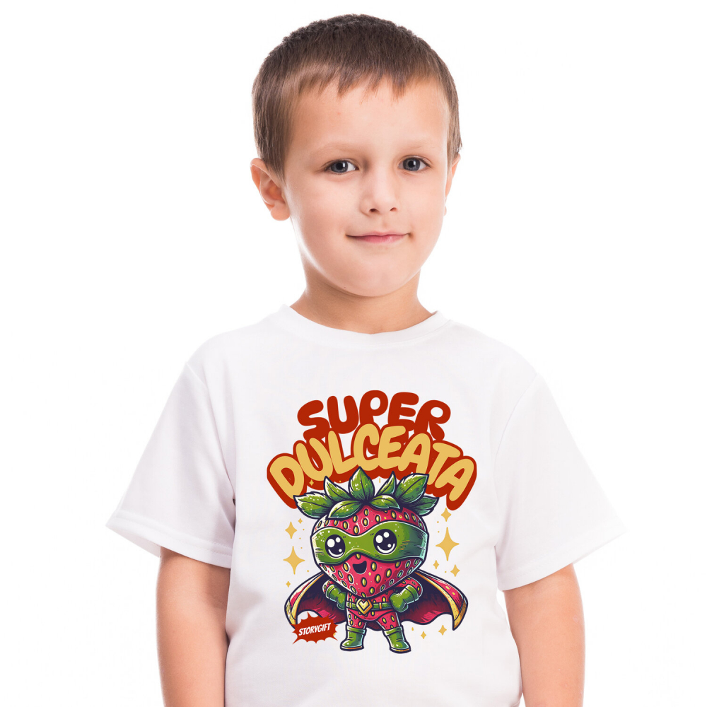 Tricou Femei, Barbati, Copii, Fata, Baiat, Unisex Personalizat Super Erou Căpșună cu Capa Roșie – Cadou Personalizat „Super Dulceață” pentru Copii [1]