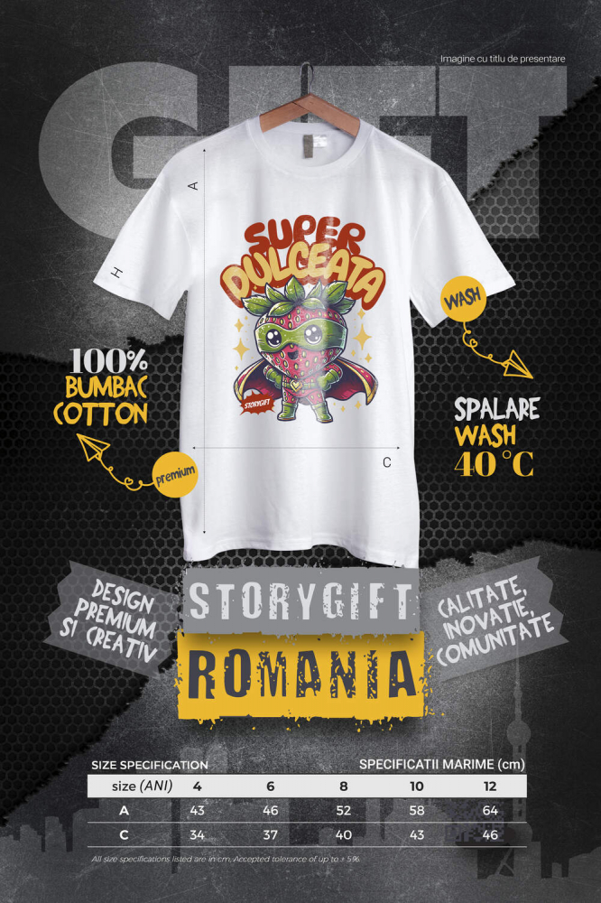 Tricou Femei, Barbati, Copii, Fata, Baiat, Unisex Personalizat Super Erou Căpșună cu Capa Roșie – Cadou Personalizat „Super Dulceață” pentru Copii [4]