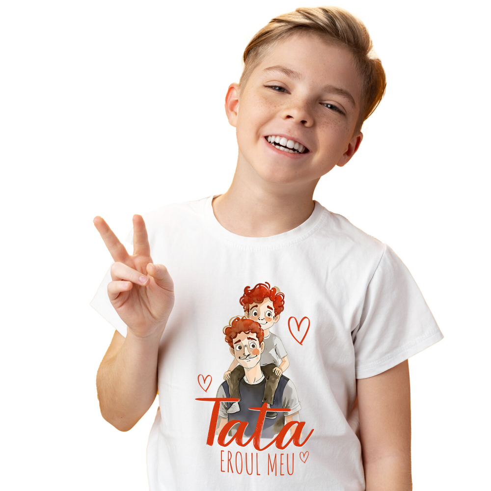 Tricou Femei, Barbati, Copii, Fata, Baiat, Unisex Personalizat Tata și Copil Pe Umeri „Tata Eroul Meu” – Cadou Personalizat Familie și Copilărie [1]