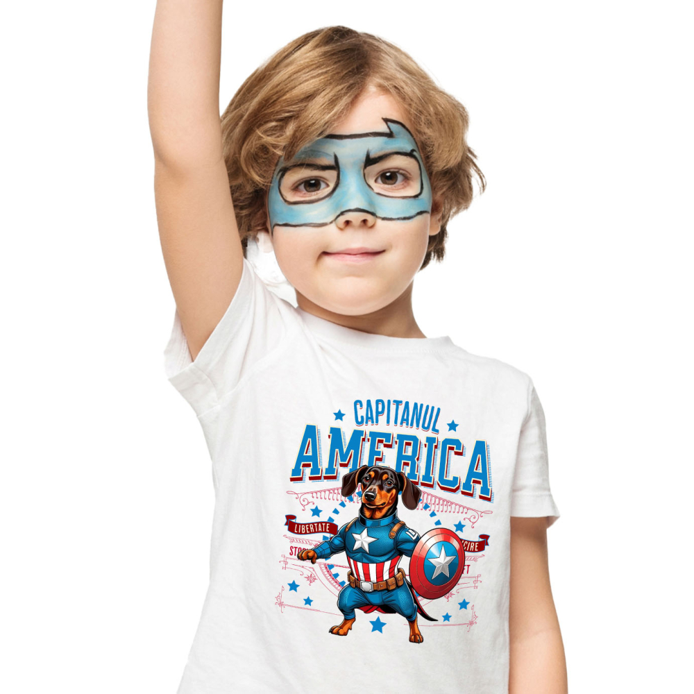Tricou Femei, Barbati, Copii, Fata, Baiat, Unisex Personalizat Teckel în Costum Captain America cu Pelerină - Cadou Personalizat pentru Copii și Iubitorii de Câini [2]