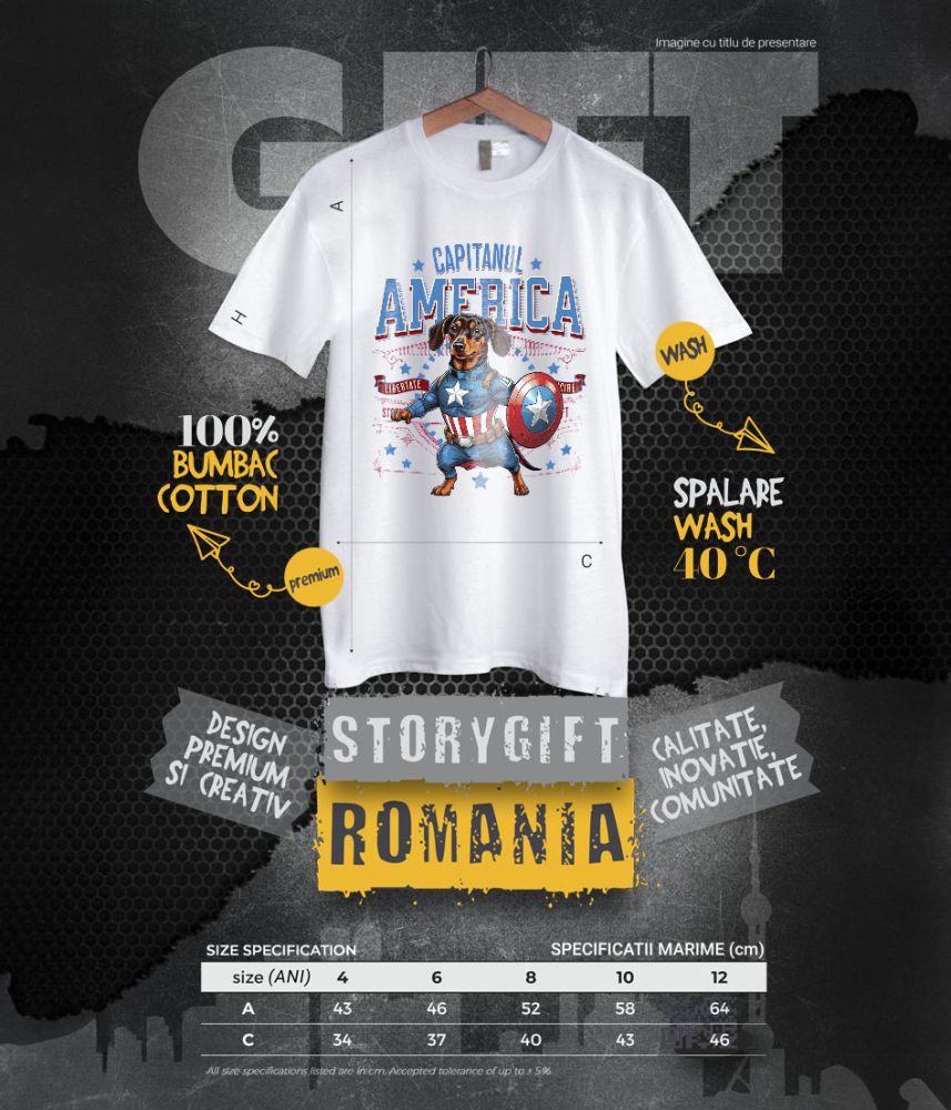Tricou Femei, Barbati, Copii, Fata, Baiat, Unisex Personalizat Teckel în Costum Captain America cu Pelerină - Cadou Personalizat pentru Copii și Iubitorii de Câini [6]
