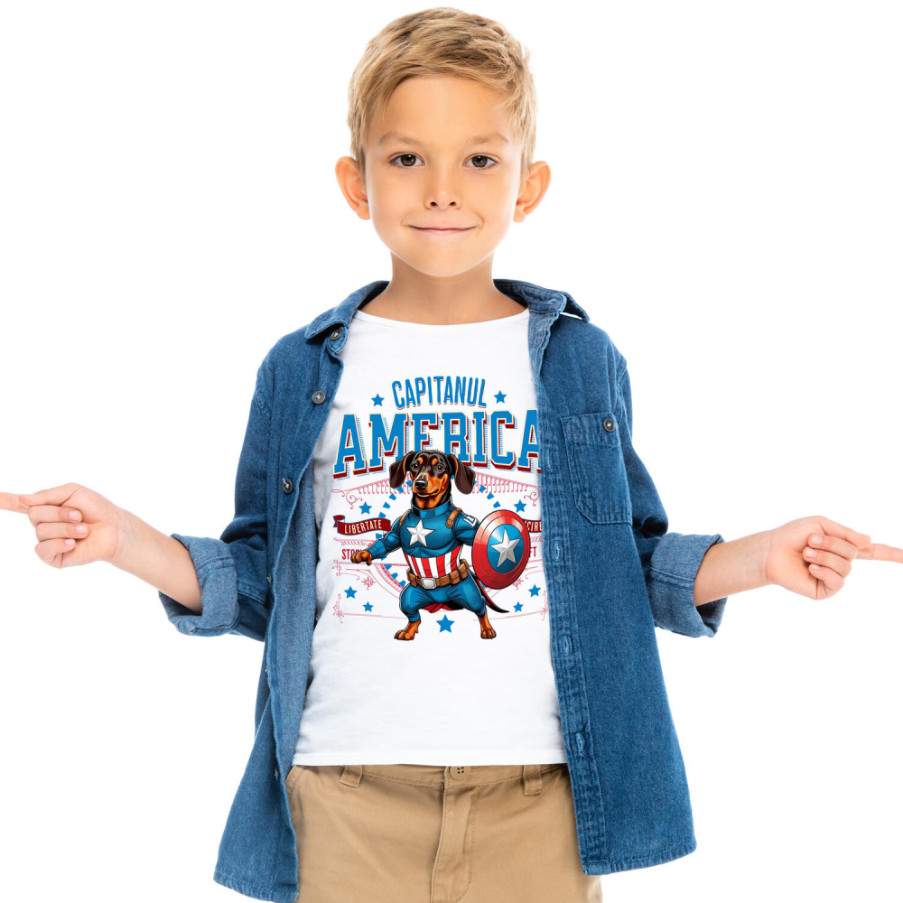 Tricou Femei, Barbati, Copii, Fata, Baiat, Unisex Personalizat Teckel în Costum Captain America cu Pelerină - Cadou Personalizat pentru Copii și Iubitorii de Câini [2]