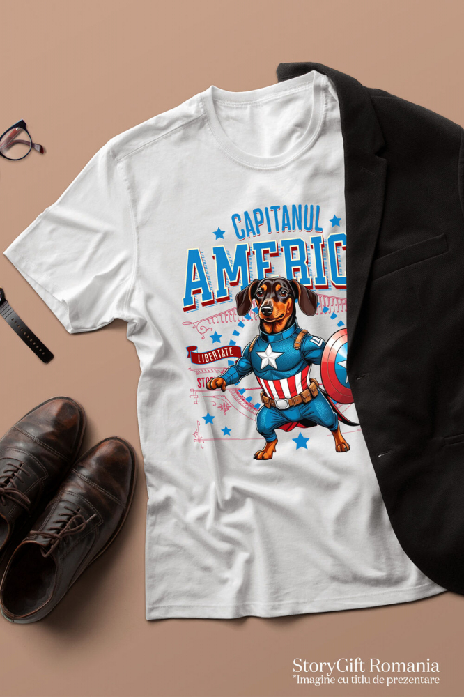 Tricou Femei, Barbati, Copii, Fata, Baiat, Unisex Personalizat Teckel în Costum Captain America cu Pelerină - Cadou Personalizat pentru Copii și Iubitorii de Câini [3]