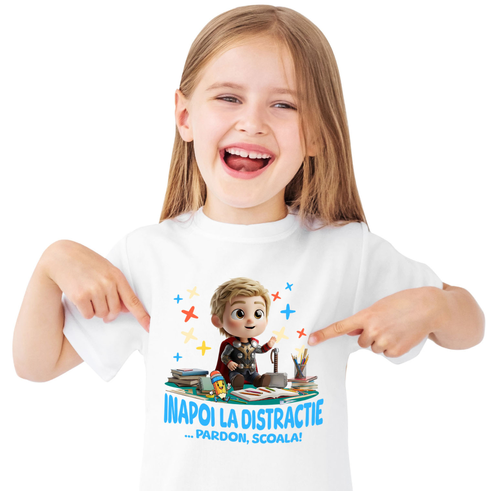 Tricou Copii cu Thor – Scoala Devine Distractie 100% Bumbac, Alb, 8 Ani [2]
