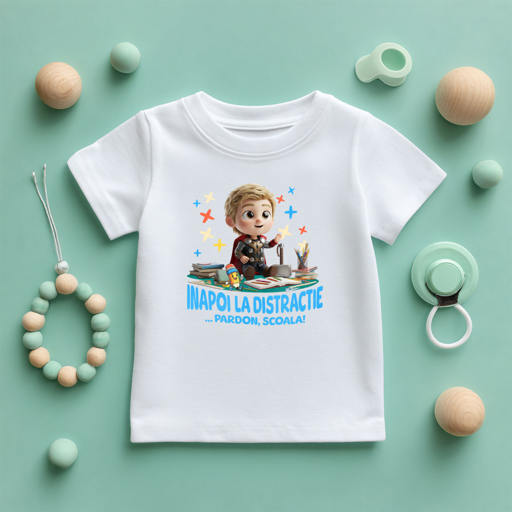 Tricou Copii cu Thor – Scoala Devine Distractie 100% Bumbac, Alb, 8 Ani [5]