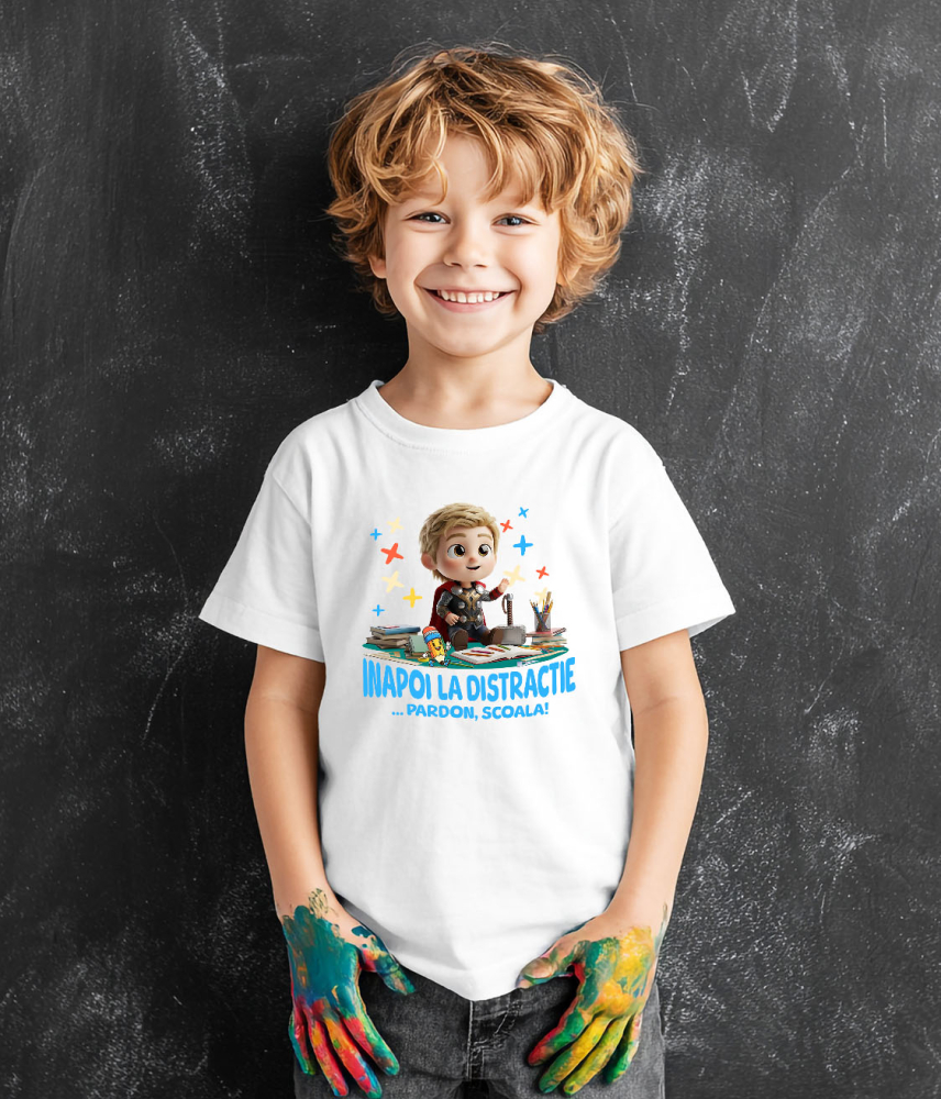 Tricou Copii cu Thor – Scoala Devine Distractie 100% Bumbac, Alb, 8 Ani [3]