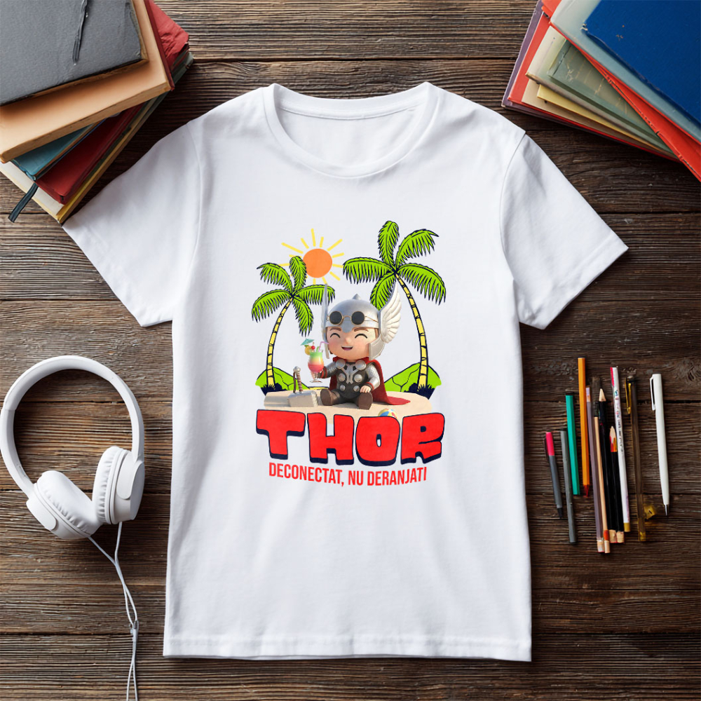 Tricou Copii cu Thor Tropical: Mare si Palmieri 100% Bumbac, Alb, 6 Ani [5]