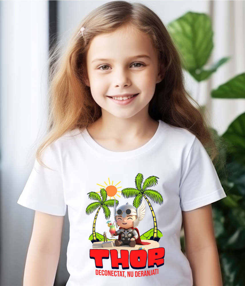 Tricou Copii cu Thor Tropical: Mare si Palmieri 100% Bumbac, Alb, 6 Ani [4]