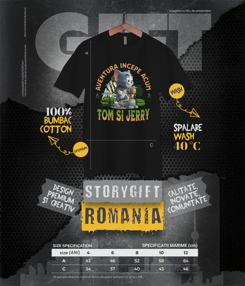 Tricou Copii cu Tom and Jerry - Drumeție cu Vânătoare și Distracție Disney 100% Bumbac, Negru, 12 Ani [6]