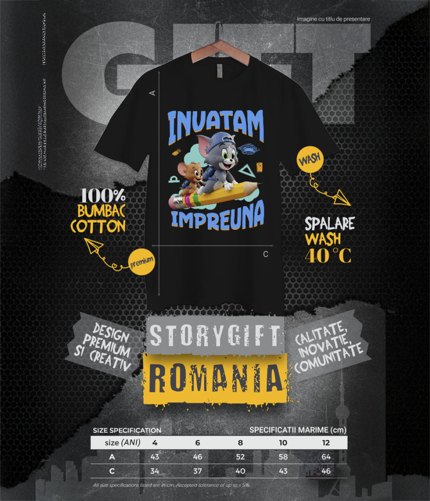 Tricou Copii cu Tom and Jerry – Invata prin Joaca 100% Bumbac, Negru, 10 Ani [6]