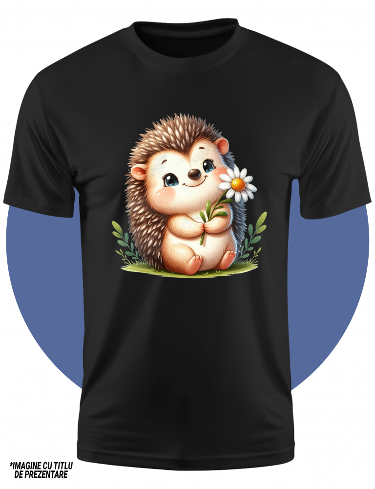 Tricou Copii cu un arici vesel in natura, ilustratie, tine o floare alba, fericire, iarba, verdeata, aer curat,  100% Bumbac, Unisex, Negru, 12 Ani, 64CM [2]