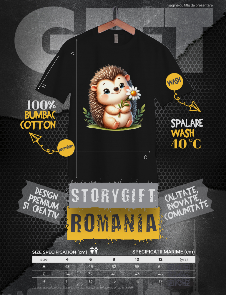 Tricou Copii cu un arici vesel in natura, ilustratie, tine o floare alba, fericire, iarba, verdeata, aer curat,  100% Bumbac, Unisex, Negru, 12 Ani, 64CM [3]