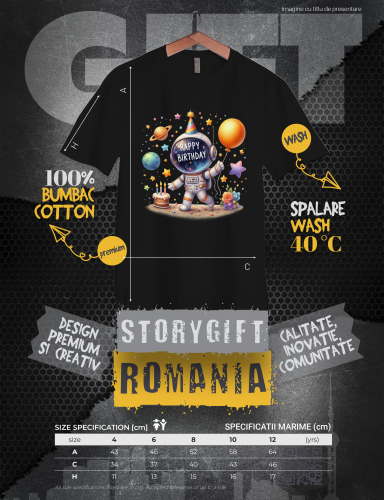 Tricou Copii cu un astronaut pe luna, ilustratie, planete, stele, astre, la multi ani, baloane, tort, lumanari aprinse, flori,  100% Bumbac, Unisex, Negru, 6 Ani, 46CM [3]